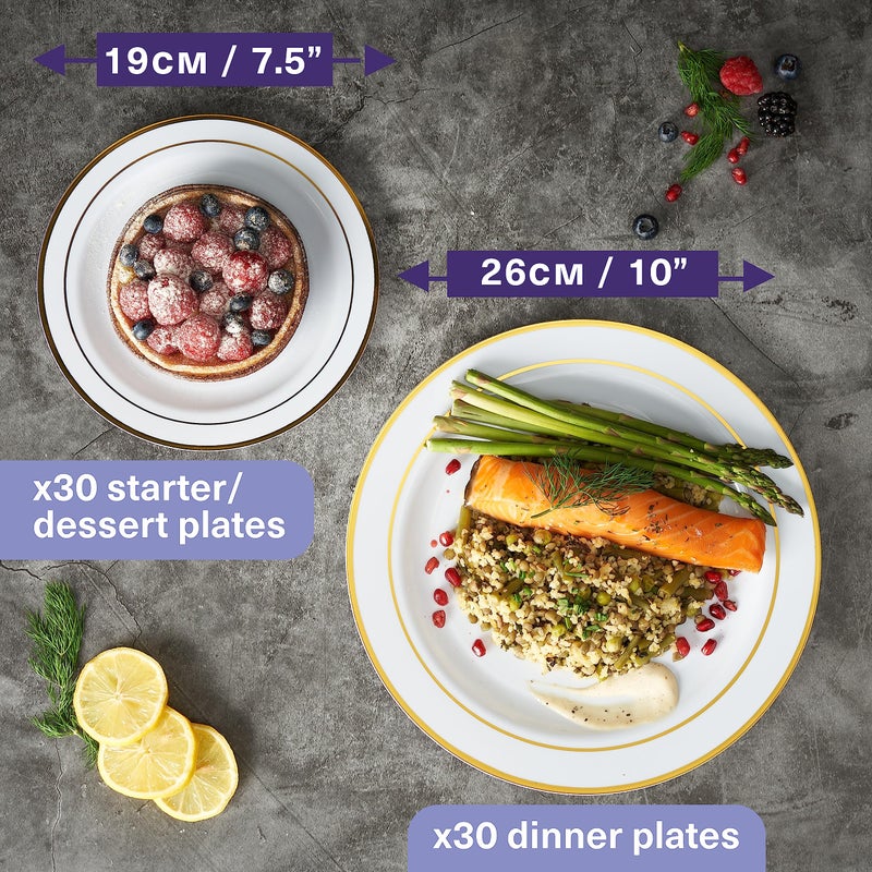 MATANA 60 Reusable or Disposable Plastic Plates Gold with White Gold Rim - 30 Dinner Plates 10.25", 30 Salad Dessert Appetizer Plates 7.5", Heavy Duty, Elegant, Premium for Parties, Wedding & Events - Image 3